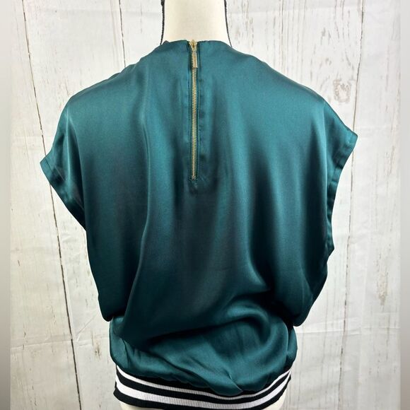 Express Green Emerald Satin Blouse Top Elastic Striped Bottom - Picture 2 of 9